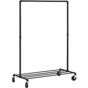 SONGMICS Suport pentru haine, cu raft si sina de agatat, cadru metalic, cu roti, 100x49x163cm, industrial, negru