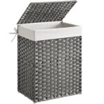 SONGMICS Cos de rufe din ratan sintetic cu capac, sac detasabil, volum 90L, 46x33x60cm, gri