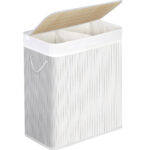 SONGMICS Bambusz szennyeskosár fedéllel, 2 rekeszes, kivehető táska, űrtartalom 100L, 52x32x62cm, fehér