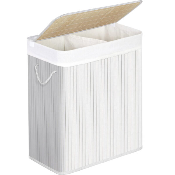 SONGMICS Bambusz szennyeskosár fedéllel, 2 rekeszes, kivehető táska, űrtartalom 100L, 52x32x62cm, fehér