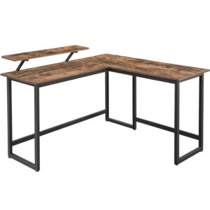 VASAGLE L alakú íróasztal monitor állvánnyal, fém kerettel, 140x130x76cm, rusztikus barna