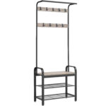 VASAGLE Ruhaakasztó cipőtároló paddal, 9 akasztóval és ruhatartó rúddal, 34x72x183 cm, szürke és fekete