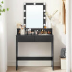VASAGLE Fésülködő asztal LED világítással, tükörrel, állítható fényerő, 2 fiókkal, 80x40x145cm, fekete