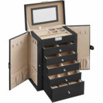 SONGMICS Ékszerdoboz 6 szintes, 5 fiókos, tükör, óratartó, zár, 16x26x32cm, fekete