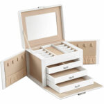 SONGMICS ékszerdoboz 4 szintes, 3 fiókkal, tükörrel és zárral, 18x23x17cm, fehér