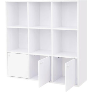 VASAGLE Fa könyvespolc, 9 kockával, 3 alsó szekrénnyel, 98x98x29cm, fehér