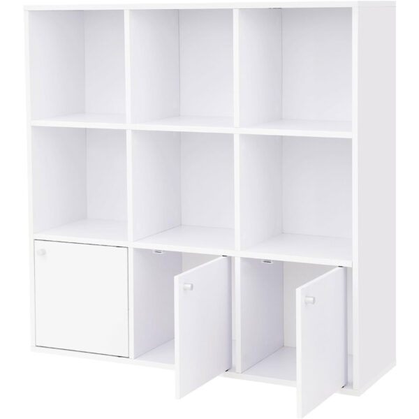 VASAGLE Fa könyvespolc, 9 kockával, 3 alsó szekrénnyel, 98x98x29cm, fehér