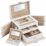 SONGMICS Ékszerdoboz, 3 szintes, 2 fiókkal, fogantyúval és kulcsos zárral, 18x26x17 cm, fehér