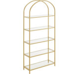 VASAGLE lépcsős polc hálószobába, 5 szintes, edzett üvegből, íves acél vázzal, 83x30x184 cm, arany