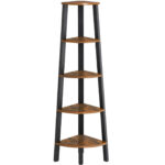 VASAGLE Sarokpolc 5 szintes, könyvespolc típusú, fém vázzal és fa polcokkal, 33x34x159 cm, ipari stílusú, rusztikus barna és fekete