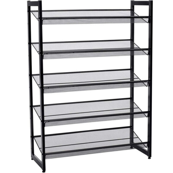 SONGMICS Raft de depozitare pantofi pe 5 niveluri, metal, rafturi plate sau unghiulare reglabile, 31x74x104cm, negru