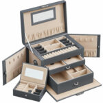 SONGMICS Cutie de bijuterii pe 3 nivele, cu 2 sertare, maner, oglinda, inchidere cu cheie, 18x26x17, gri