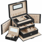 SONGMICS Ékszerdoboz 3 szintes, 2 fiókkal, tükörrel, fogantyúval, kulcsos zárral, 18x26x17cm, fekete