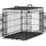 FEANDREA Összecsukható fém állatketrec, 2 ajtóval, kivehető tálcával, L méret, 93x58x64 cm, fekete