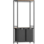 VASAGLE szennyeskosár, 2 rekeszes, kivehető szennyeszacskók, 2 polc, akasztórúd, 2x46L, 73x33x177cm, rusztikus barna