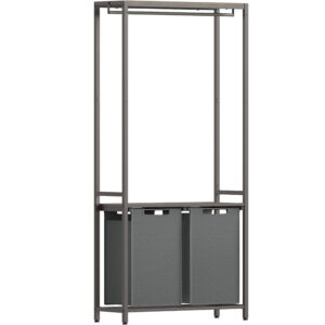 VASAGLE szennyeskosár, 2 rekeszes, kivehető szennyeszacskók, 2 polc, akasztórúd, 2x46L, 73x33x177cm, szürke