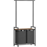 VASAGLE szennyeskosár, 2 rekeszes, kivehető szennyeszacskók, 1 polc, akasztórúd, 2x46L, 73x33x175cm, rusztikus barna