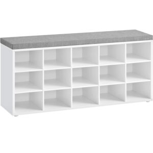VASAGLE Előszoba pad cipőtartóval, 15 rekeszes, párnával, 30x105x48cm, fehér