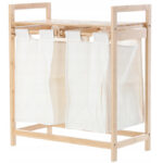 Bambusz szennyes kosár és fa felső, 2 vászon kosár, 64x73x33cm, natúr