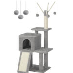 FEANDREA Macskabútor, fa, kaparóval és búvóhellyel, 42x32x118cm, világosszürke