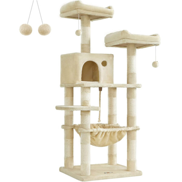 FEANDREA Ansamblu de joaca pentru pisici, tip copac, cu 3 culcusuri si ascunzatoare, 55x45x145cm, bej