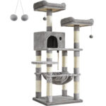 FEANDREA Macskabútor, fa kialakítású kaparófa, 3 fekhellyel és búvóhellyel, 55x45x143 cm, világosszürke