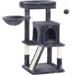FEANDREA Ansamblu de joaca pentru pisici, tip copac, cu 2 culcusuri si ascunzatoare, 48x48x96cm, gri inchis