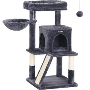 FEANDREA Ansamblu de joaca pentru pisici, tip copac, cu 2 culcusuri si ascunzatoare, 48x48x96cm, gri inchis
