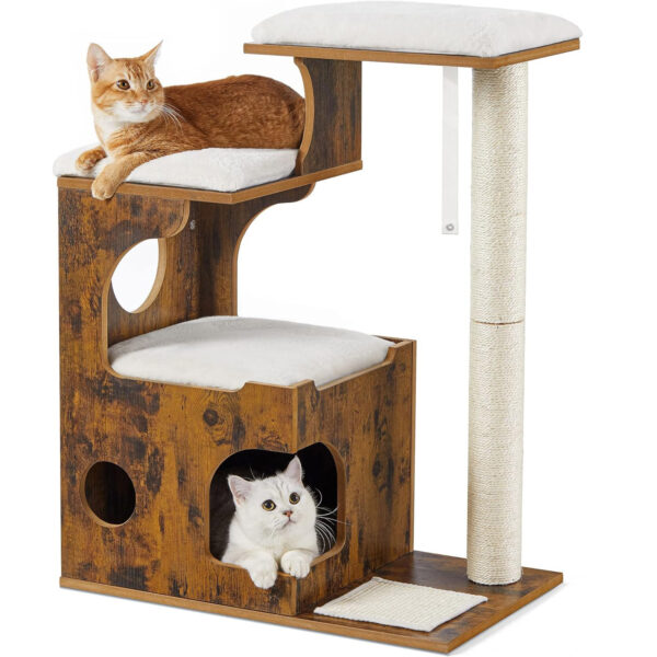 FEANDREA Ansamblu de joaca pentru pisici, tip mobilier, MDF, cu 3 culcusuri si ascunzatoare, 66x40x86cm, maro rustic - Image 3