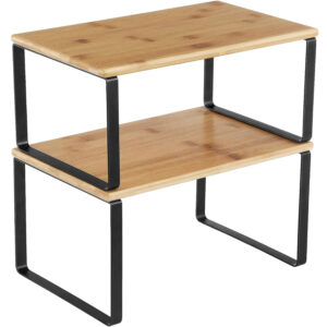 SONGMICS Set 2 rafturi de bucatarie suprapozabile, pentru ustensile sau condimente, 20x30x16cm, natur si negru