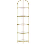 VASAGLE Sarokpolc lépcsőzetes kialakítással hálószobába, 5 szintes, edzett üvegből, acél vázzal, 28x28x158 cm, arany színű