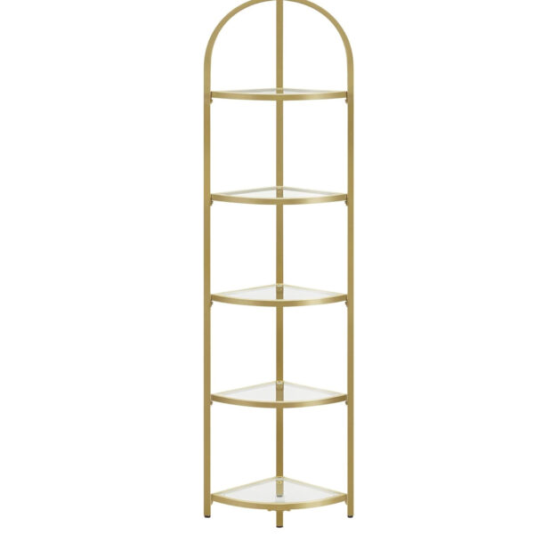 VASAGLE Raft de colt cu trepte pentru dormior, 5 etaje, din sticla securizata, cadru din otel, 28x28x158cm, auriu