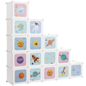 SONGMICS Dulap modular de depozitare jucarii, 16 cuburi cu usi, 123x31x123cm, alb