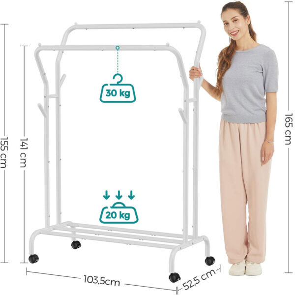 SONGMICS Suport pentru haine pe roti, cu polita, sina dubla, cadru metalic, sarcina 100kg, 53x104x155cm, alb - Image 8
