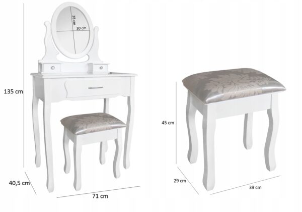 Set Masa de toaleta si machiaj cu taburet Sophia, alba, cu 3 sertare si oglinda, 71x40x135 cm - Image 3
