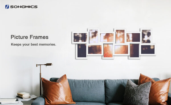 SONGMICS Rama foto de perete din MDF cu sticla, colaj de 12 fotografii, 89x33cm, alb gri - Image 2