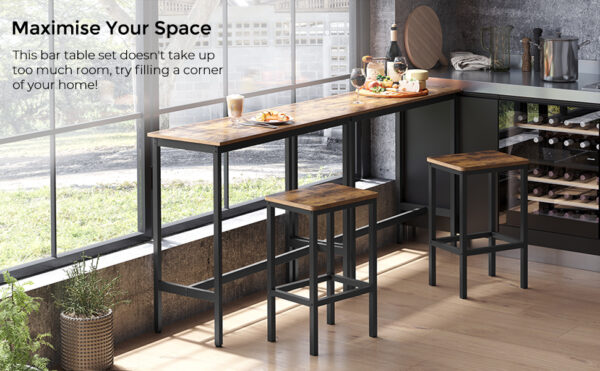 VASAGLE Set masa de bar cu 2 scaune, cadru din otel, blat lemn, design industrial, 100x40x90cm, maro rustic si negru - Image 2