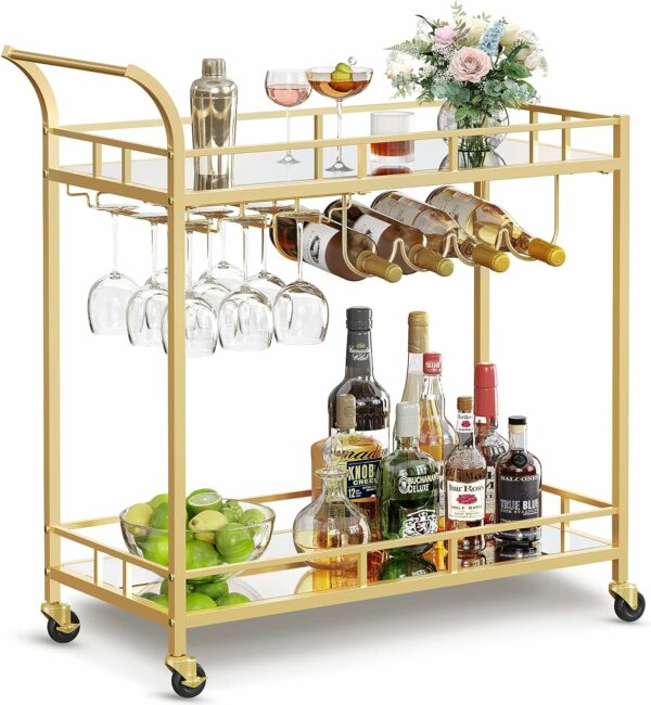 VASAGLE Carucior de servire pentru vin, suport sticle si pahare, cu 2 rafturi din sticla, 38x86x90cm, auriu - Image 2