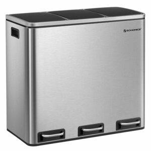 SONGMICS Cos de gunoi din inox cu 3 compartimente colectare selectiva, cu galeti interioare, 3x18litri, argintiu si negru