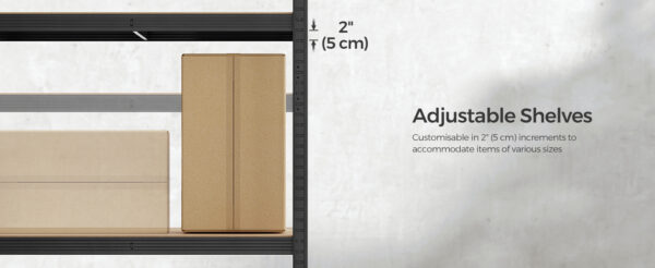 SONGMICS Fém tároló állvány, faforgácslap polcokkal, 5 polc, max. 600 kg, 200x100x50cm, fekete - Image 11
