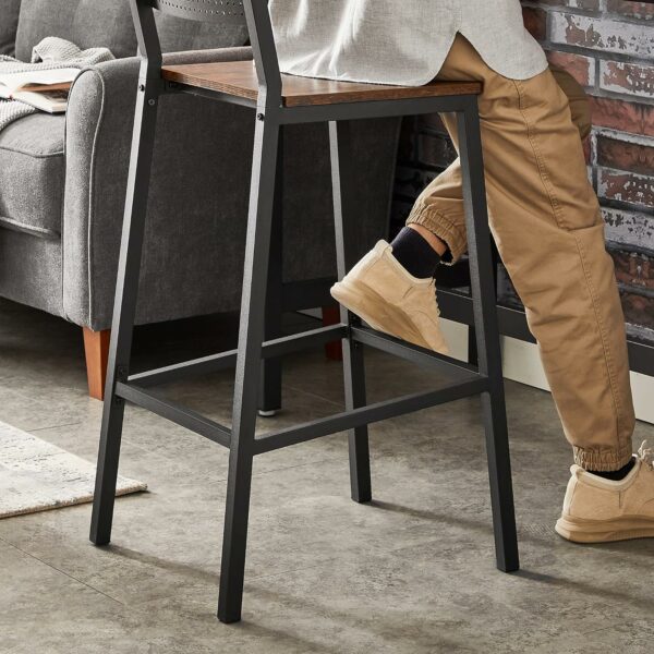 VASAGLE Set 2 scaune de bar, inalte cu spatar, cadru metalic, sezut MDF, industrial, 51x43x97cm, maro rustic si negru - Image 10