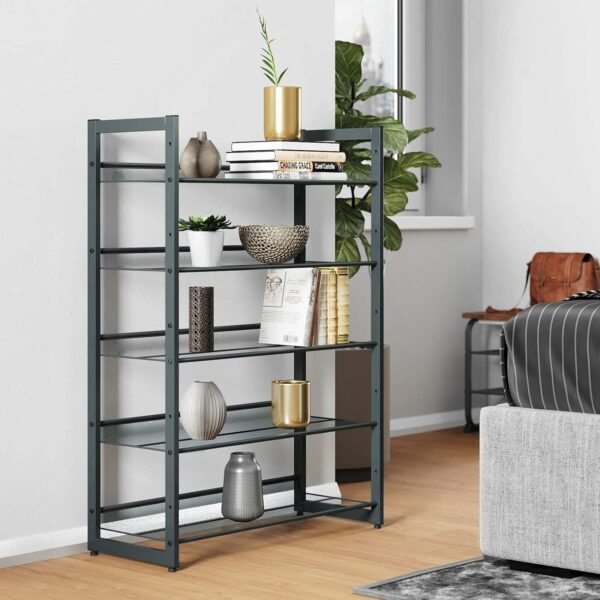 SONGMICS Raft de depozitare pantofi pe 5 niveluri, metal, rafturi plate sau unghiulare reglabile, 31x74x104cm, negru - Image 10