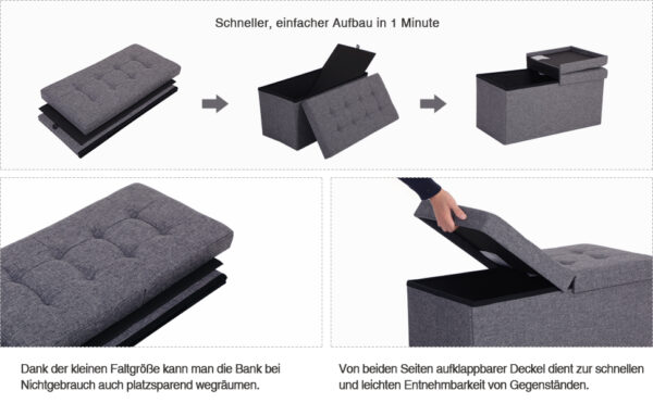 SONGMICS Taburet pliabil cu sezut moale, spatiu de depozitare 80litri, maxim 300kg, 76x38x38cm, gri - Image 10
