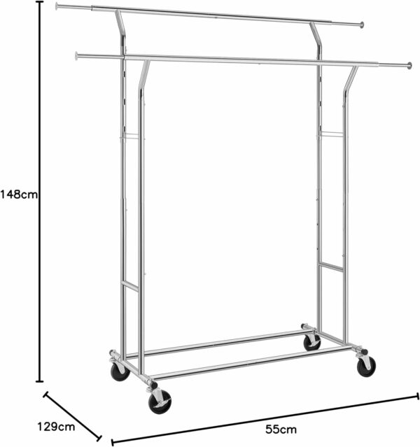 SONGMICS Suport pentru haine pe roti, sina dubla extensibila, din inox cromat, sarcina 100kg, 129x55x148cm, argintiu - Image 10