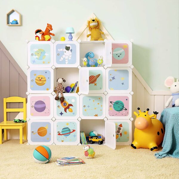 SONGMICS Dulap modular de depozitare jucarii, 16 cuburi cu usi, 123x31x123cm, alb - Image 10