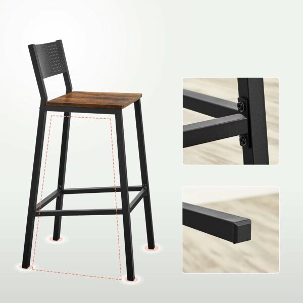 VASAGLE Set 2 scaune de bar, inalte cu spatar, cadru metalic, sezut MDF, industrial, 51x43x97cm, maro rustic si negru - Image 11