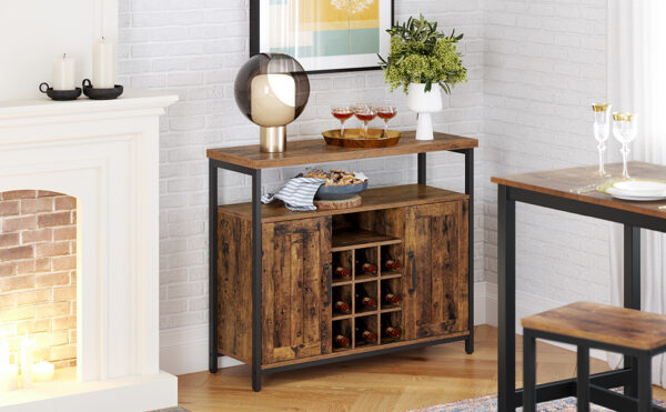 VASAGLE Comoda tip bufet, cu 2 usi si suport pentru sticle vin, stil industrial, 100x35x81cm, maro rustic si negru - Image 10