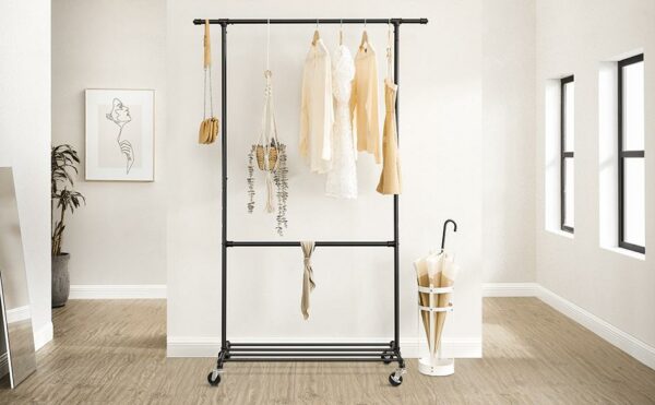 SONGMICS Suport pentru haine, cu raft si 2 sine de agatat, cadru metalic, cu roti, 130x49x198cm, industrial, negru - Image 11
