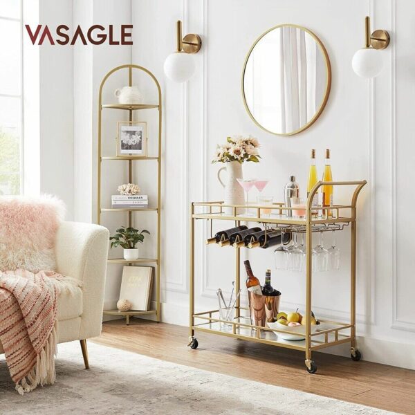 VASAGLE Carucior de servire pentru vin, suport sticle si pahare, cu 2 rafturi din sticla, 38x86x90cm, auriu - Image 11