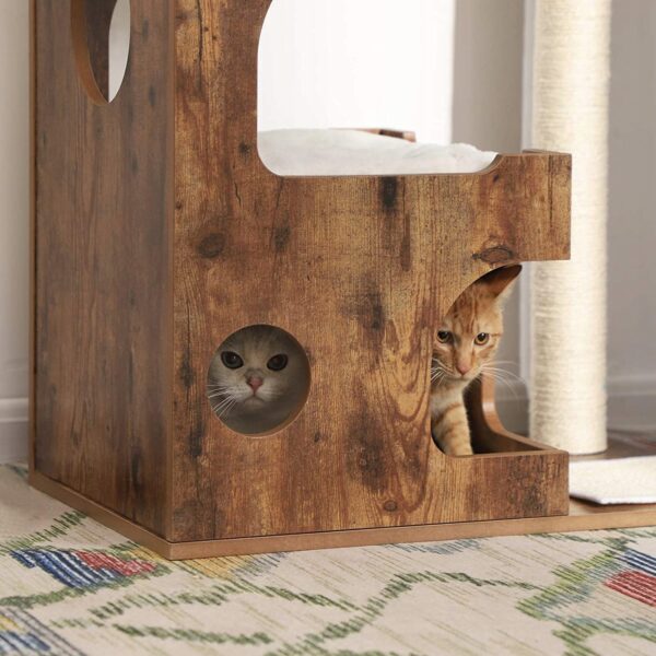 FEANDREA Ansamblu de joaca pentru pisici, tip mobilier, MDF, cu 3 culcusuri si ascunzatoare, 66x40x86cm, maro rustic - Image 12